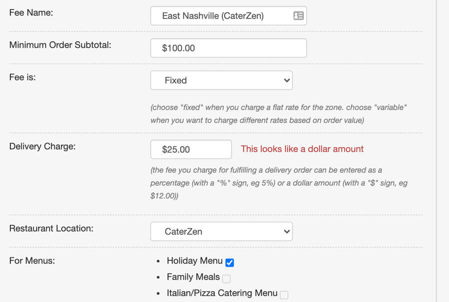 Enhanced Custom Catering Delivery Zones & Fees